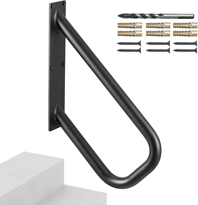 VEVOR Handrails for Outdoor Steps, 18.9" Length 1.3"Pipe Wall Mount Safety Railings for 1-2 Steps, Stair Handrail with Matte Black Finished,for Garden,Yard and Garage & Elderly,Pregnant Women, Disable