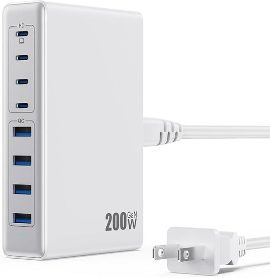 200W USB C Charger Block,GaN IV Charging Station 8 Ports,QC4.0 Fast Charging Station Hub+PD 65W USB C Laptop Charger Adapter Compatible with MacBook Air/Pro,DELL,iPhone 16/15,iPad,Steam Deck-White