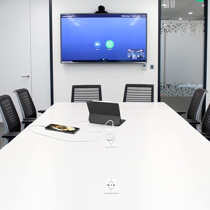 HHSOET 5 in 1 Recessed Power Strip Flat Plug, 20W Fast Charging Furniture Outlet with USB, Conference Recessed Socket with 2 AC Plugs, 2 USB Ports 1 USB-C, 6ft Power Cord. (White)