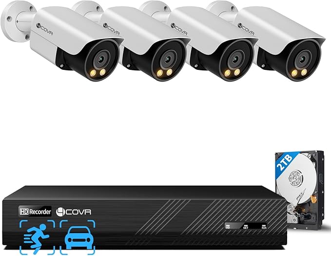 4COVR 4K PoE Wired Security Camera System, 2-Way Audio, Smart Color Night Vision, 4X 5MP Bullet IP Cameras, IP67 Weatherproof, Person/Vehicle Detection, 8CH NVR 2TB HDD, 24/7 Recording, LY37YX5M0804-1
