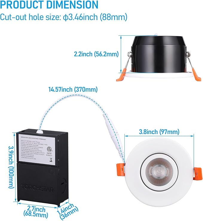 TORCHSTAR 12-Pack 3 Inch Gimbal LED Recessed Light with Junction Box, 7W CRI90+ Dimmable Adjustable Eyeball Canless LED Downlight, 3000K Warm White, Airtight IC, ETL