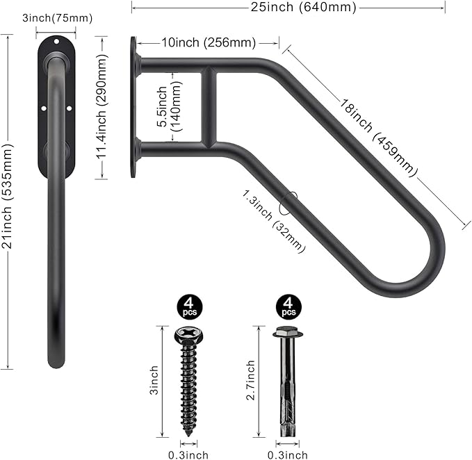 SELEWARE Heavy Duty Non-Slip Handrails for Outdoor 1-3 Step, Wall Mount Stair Hand Railing Grab Bars, U-Shape Safety Handle for Garage, Porch, Garden (Dia 1.3" Pipe, Black)