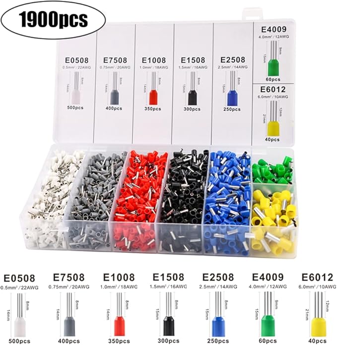 HKS Ferrule Crimping Tool Kit - Square Ferrule Crimper Plier (AWG 23-7) with Muti-use Wire Stripper & 1900pcs Wire End-Sleeves Terminals Kit in Box