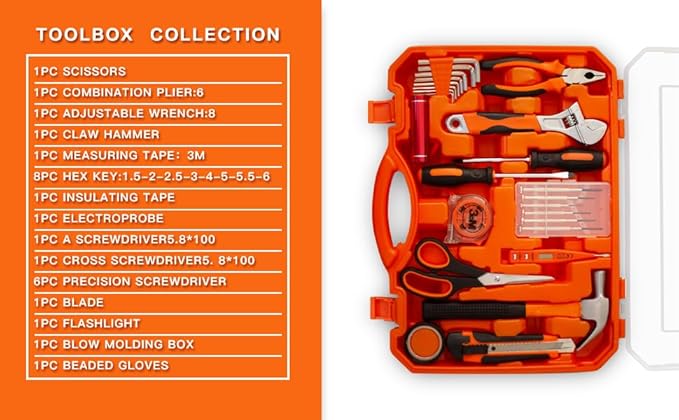 Basic Tool Kit, 68 Piece Household Tool Set, Small Tool Kit, Transparent Orange Pliers Set, and Tool Set, Suitable for Men's and Women's Tool Kits, As Home DIY, and As a Gift