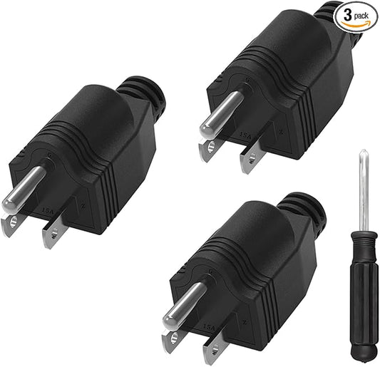 Replacement Plugs, 3 Pack 3 Prong Replacement Plug with 1 Screwdriver, Extension Cord Ends, ReplacementPlug 3 Prong , Neutral Ground Bonding Plugg, 3 Wire 15A 125V Male Plug, Black