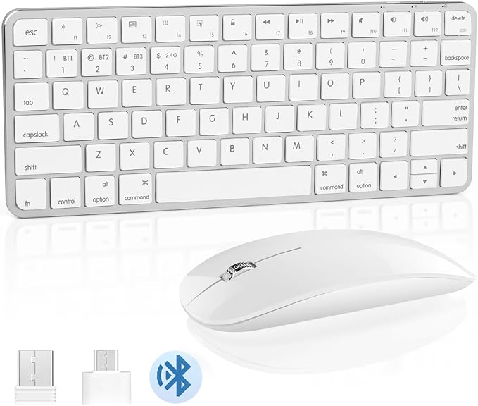 5 in 1 Aluminum Keyboard and Mouse for Mac Wireless Keyboards Bluetooth Rechargeable Mouse Compatible with iMac MacBook iPad and All MacOS iOS Windows Android Devices