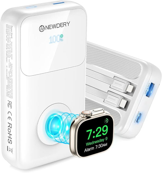 NEWDERY 20000mAh Portable Charger for Apple Watch,5-in-1 Power Bank Built-in Cables,PD 20W Fast Charging Travel Battery Pack with USB C Cable for iWatch,iPhones,iPad,Samsung More Phones Tablets