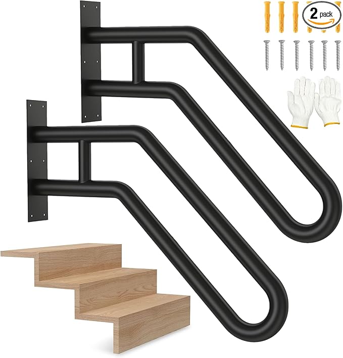 Handrails for Outdoor Steps, Stair Railing Indoor1-3 Step, U-Shaped Stairs Wall Mounted Metal Handrail for Garage, Porch, Yard and Garden - Black