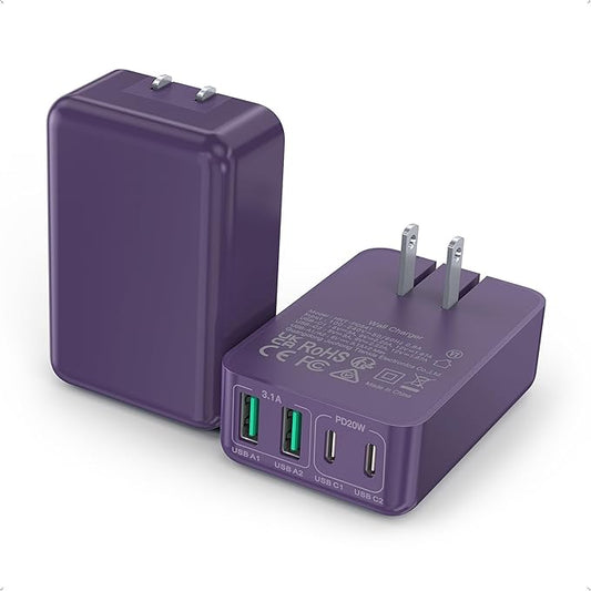40W Flat USB C Charger Block, 2-Pack USB C Fast Charging Block 4-Port Dual PD+QC Power Adapter Double Charger Block Multiport Type C Cube Multiple Wall Plug for iPhone 16 15 14 13 12 Pro Max(Purple)