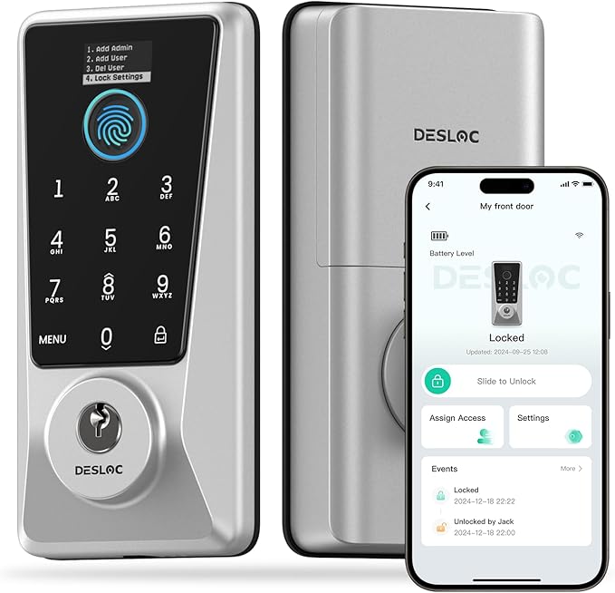 DESLOC Smart Lock D110 Plus, Fingerprint Keyless Entry Door Lock, Built-in Wi-Fi, App Remote Control, Smart Locks for Front Door, Keypad Deadbolt with LockVue Display, IP54, BHMA Grade3, Silver