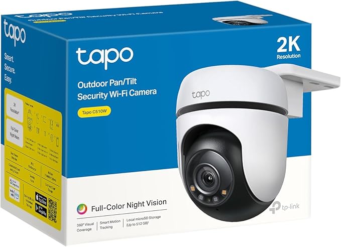Tapo TP-Link 2K Outdoor Pan/Tilt Security Wi-Fi Camera, 360° View, Motion Tracking, Compatible with Alexa & Google Home, Night Vision, Free AI Detection, Up to 512GB Storage, C510W