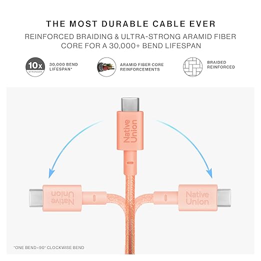 Native Union Type-C Belt Cable - USB-C to USB-C 4ft Ultra-Strong Charging Cable Compatible with iPhone 16, 16 Plus, 16 Pro, 16 Pro Max, iPad Pro, iPad Air, Galaxy S25, Flip 6, Fold 6 (Apricot)