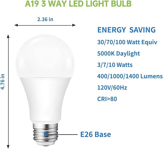 VVH 4-Pack 3 Way Bulb 30 70 100W Equivalent Light Bulb,Daylight,Three Way A19 LED Bulb E26 Base for Bedroom,Living Room,Kitchen