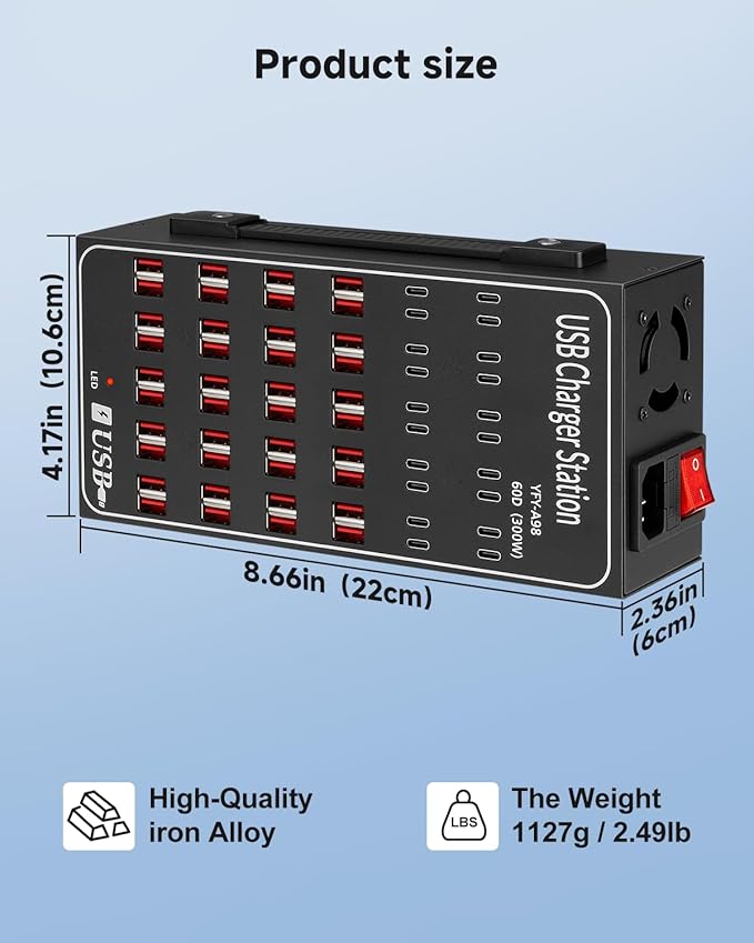 300W USB~c Charging Station, 60 Port (40 USB A & 20 USB~C Port) USB~C Charger Block, Fast Charging Station for Multiple Devices, Desktop USB Charger Compatible for iPhone, iPad, Tablets