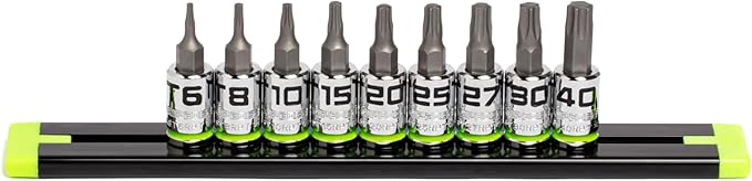 GRIPEDGE Tools | 9PC RPT Star Driver Set | Sizes T6 - T40 | 1/4'' Drive | Made With S2 Steel | Includes Premium Aluminum Socket Rail |