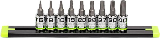 GRIPEDGE Tools | 9PC RPT Star Driver Set | Sizes T6 - T40 | 1/4'' Drive | Made With S2 Steel | Includes Premium Aluminum Socket Rail |