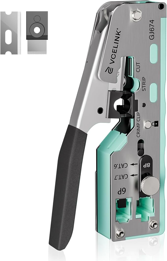 VCELINK RJ45 Crimp Tool, All-In-One Ethernet Crimper for CAT7/CAT6A/CAT6/CAT5E/CAT5, No Screwdriver Needed RJ45 and RJ11/RJ12 Crimping Tool, with An Adjustable Knob, Green
