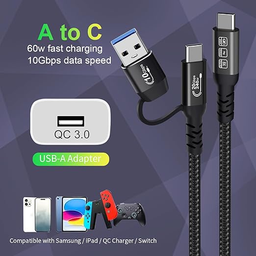 CABLEDECONN USB2.0 A to USB C 3.2 Type C 20Gbps Male to Male Detachable 1m 3.3ft Cable Data Extension 10Gbps 240W Fast Charge 8K Ultra HD Video Data Connection Power Line