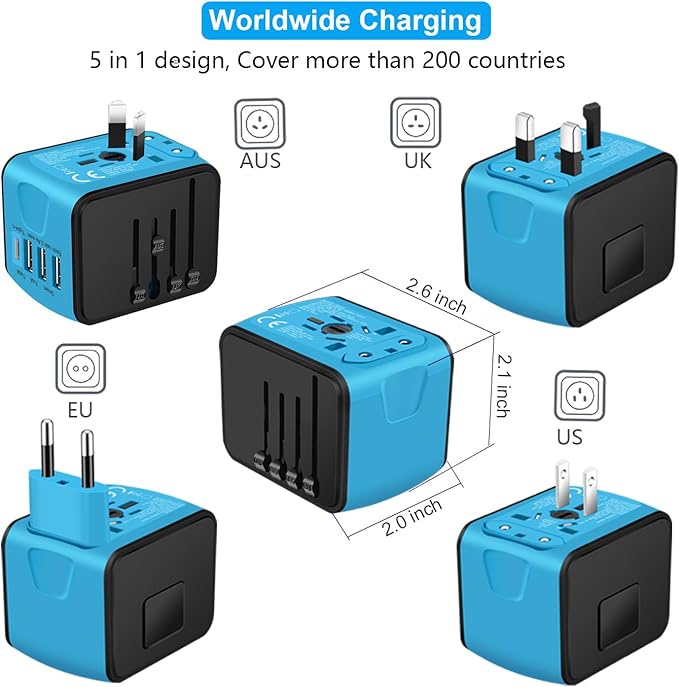 Travel Adapter Worldwide, Universal International Power Plug Adapter W/2.4A 3xUSB-A and 3.0A Type-C Wall Charger, European Travel Plug Adapter for Europe UK EU US CA AU Italy Asia-Blue