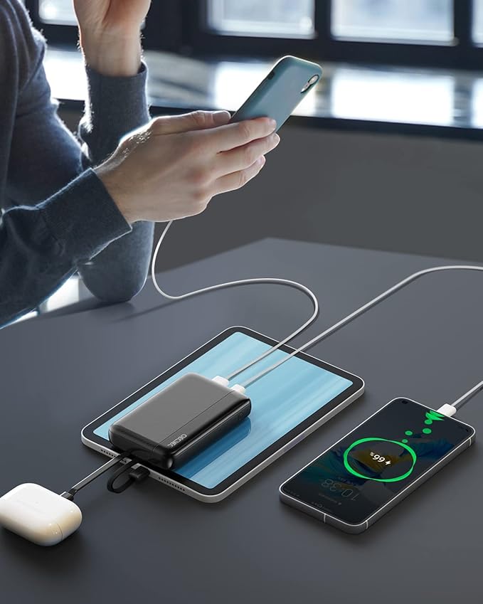 Power Bank 10000mAh, Portable Charger with Built-in Cables, 22.5W PD Fast Charging for iPhone & Android Devices, Ultra-Compact Travel Essential, Pocket-Sized Design-Black