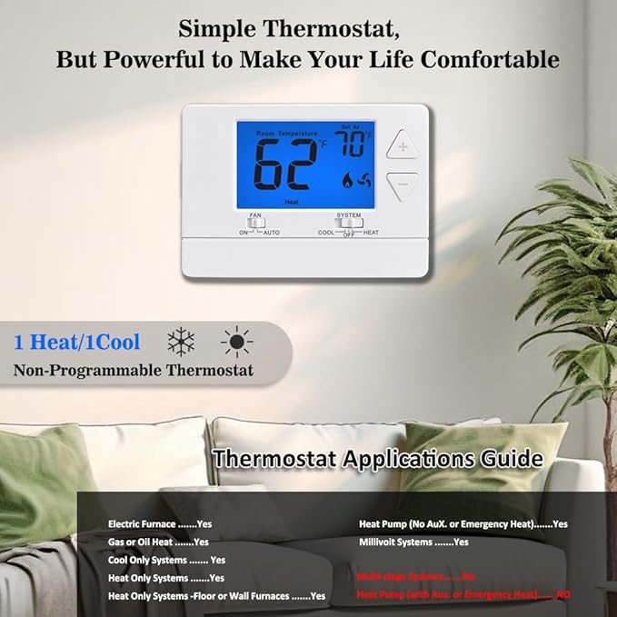 NonProgrammable Thermostat for House, Digital Energy-Saving Thermostat,Single-Stage Systems, 1 Heat/1 Cool, Easy DIY Install, Blue Backlight