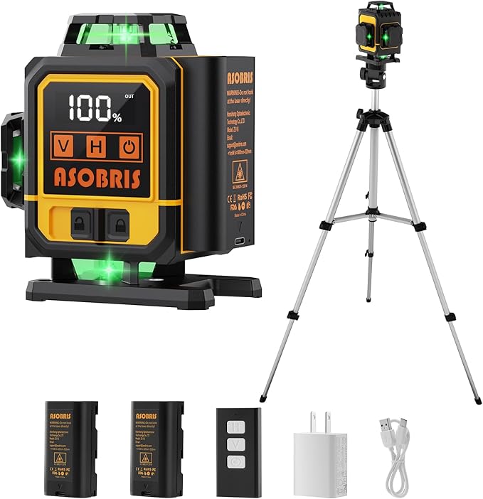 Laser Level 4x360° Self Leveling with Tripod & LCD Touch Screen, 4D Lazer Leveler Tool Green Cross Lazer Level Line Laser with 2x2400mAh Rechargeable Battery for Constuctions, Picture Hanging Indoor
