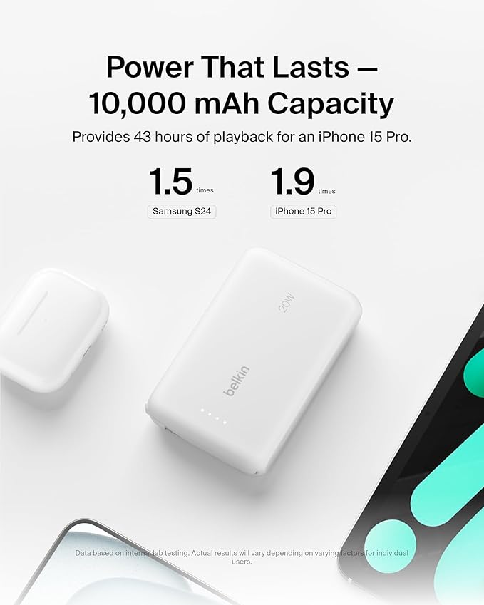 Belkin Portable Charger, Power Bank with Integrated Cable 10000 mAh 20W - Fast Charge USB C Power Delivery, iPhone Charger - iPhone 16 Series, iPad Pro, Galaxy S25, & More - White