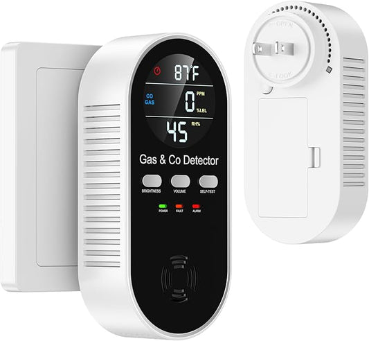 5 in 1 Carbon Monoxide Detectors Plug in with Temperature Humidity Sensor Built in Battery Backup, Natural Gas Leak Detector with Clear LED Display Sound & Light Warning for Home/Hotel,1Pcs, Black.