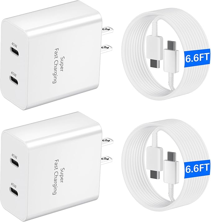 45W USB-C Super Fast Charger, 2-Port 45 Watt Type C Charger Fast Charging Block with 6.6FT USB C Cable Cord for Samsung Galaxy S25 Ultra/S25+/S25/S24/S23 Ultra/S23+/S22 Ultra/S22+/S20 Ultra-White
