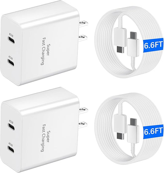 45W USB-C Super Fast Charger, 2-Port 45 Watt Type C Charger Fast Charging Block with 6.6FT USB C Cable Cord for Samsung Galaxy S25 Ultra/S25+/S25/S24/S23 Ultra/S23+/S22 Ultra/S22+/S20 Ultra-White