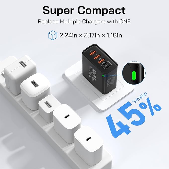 2Pack USB C Fast Charger Block, 60W 5-Port USB C Wall Charger 30W Type C Charging Block, 2USB C+3USB A PPS/PD 3.0 Multiport Charging Cube for iPhone 16 15 14 13 Pro Max,for Galaxy S25 S24 Ultra, i Pad