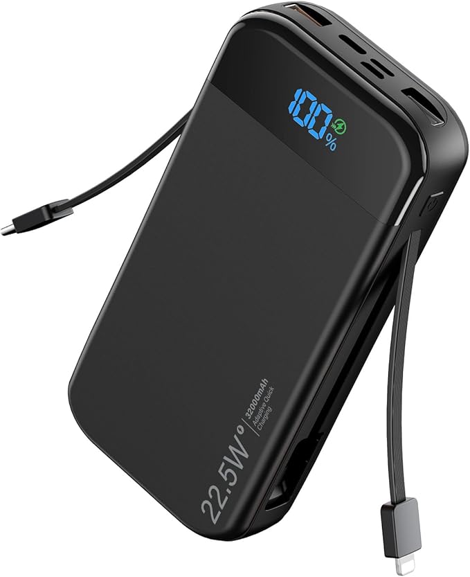 Portable Charger Power Bank 32000mAh with Built in Cables, PD3.0 USB C Fast Phone Charger, 5 Outputs LCD Display Travel Battery Pack Compatible with iPhone, Samsung All Cell Phones (Black)