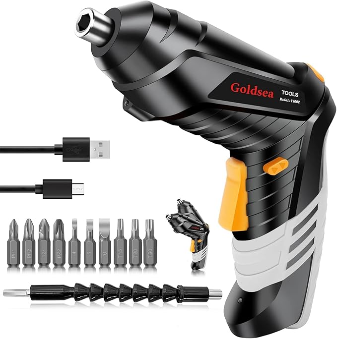 Electric Screwdriver Goldsea 4.2V Cordless Screwdriver 3.5N.m 1500mAh Type-C Charging 10pcs Screwdriver Bits 1/4” Hex Chuck 90°/180° deformation handle Forward and reverse adjustment LED Light