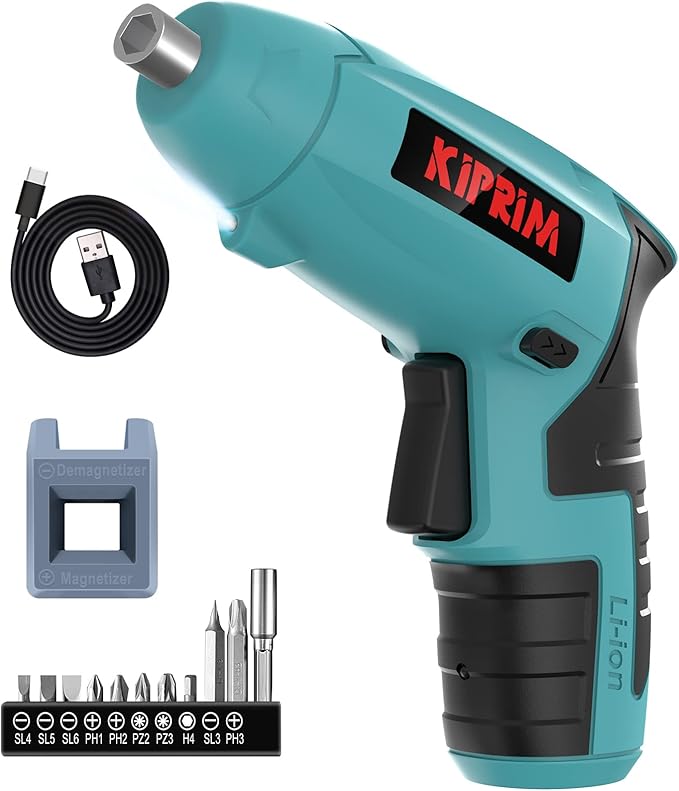 Small 4V Electric Screwdriver,Kiprim ES3 Cordless Screwdriver Tool with Rechargeable Battery,LED Front Light & Power Display Light for Home DIY Blue