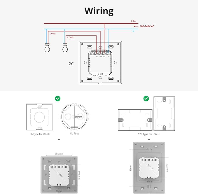 SONOFF Smart Light Switch, 2.4GHz WiFi Interruptor Inteligente, Neutral Wire Required, Voice Control with Alexa and Google Home, Touch Button, Wall Mounting, T5 3 Gang 1 Way