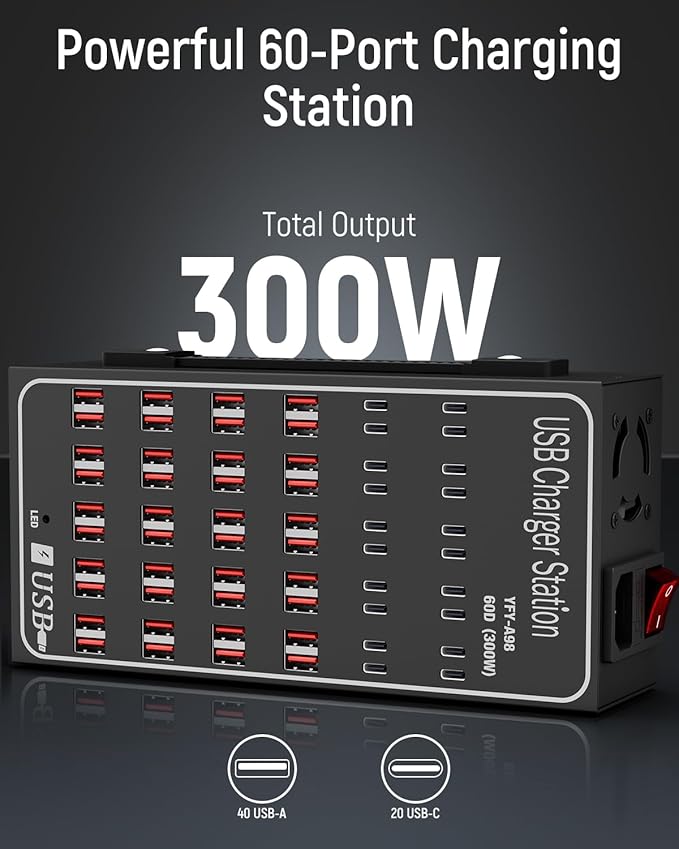 60 Port 300W(60A) USB Charging Station, Multi USB C Charger Station Block with Intelligent Protection, Desktop Charging Station for Multiple Devices, Suitable for Schools, Hotels, Shops and Malls