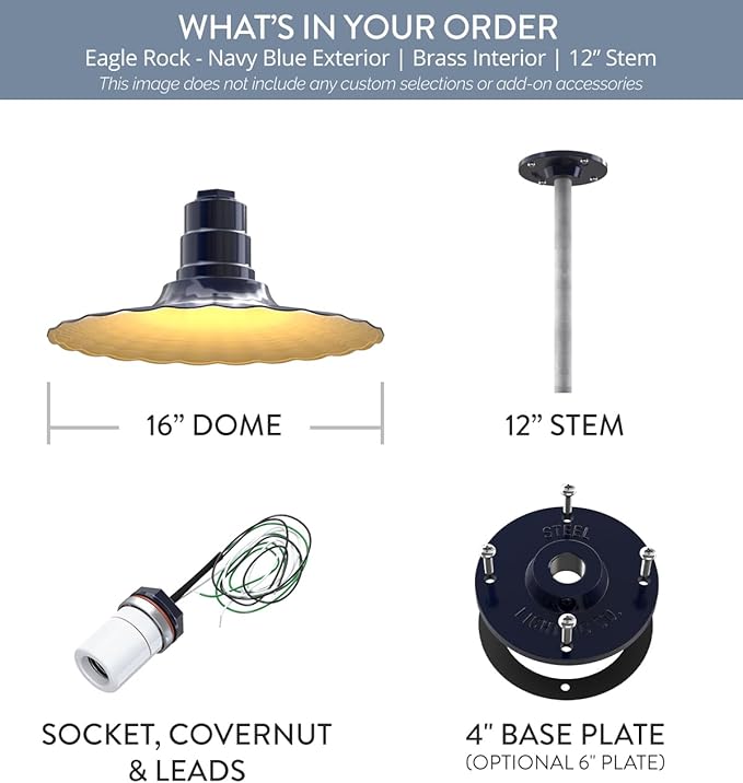 Steel Lighting Co. Eagle Rock Pendant | Ceiling Mounted Light | 16" Radial Wave | 12" Galvanized Stem | Heavy Duty Steel Retro Farmhouse Style Made in America | Navy Blue Exterior/Brass Interior