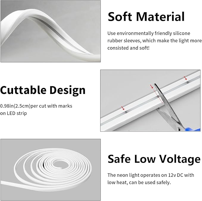iNextStation 12V White LED Strip Lights 16.4FT, Flexible Silicone Neon Rope Light, Waterproof, Cuttable, Dimmable & Linkable, for Cabinet, Ceiling, Wall, Bedroom, Kitchen, Garage (No Adapter)