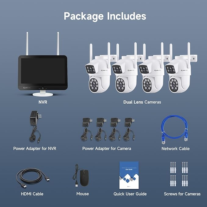 2K Wi-Fi 6 Wireless Security Camera System with 12" Monitor, Dual Lens WiFi Security Cameras with 360° Pan Tilt & Auto Tracking, 16CH NVR with 1TB HDD, 5G&2.4G WiFi, 24/7 Record,Plug-in Power