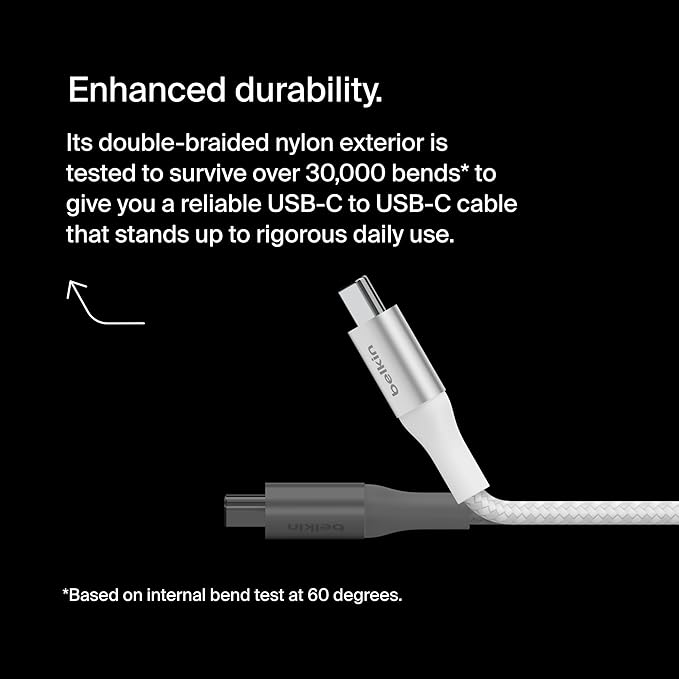 Belkin USB C to USB C Cable, 3.3ft, 240W - Type C Charger, iPhone Charger Cord, Fast Charging for iPhone 16, Galaxy S25, Pixel 9, MacBook, Chromebook, iPad Pro, Switch Steam Deck - White