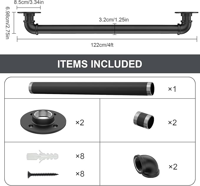 Willstar 4FT Industrial Staircase Handrail Non-Slip Pipe Bar Foot Rail Wall Mount Stair Rail Vintage Grab Bar for Steps Black Iron Pipe Handrail for Outdoor Indoor Stairs Loft Porch Hand Rail (4ft)