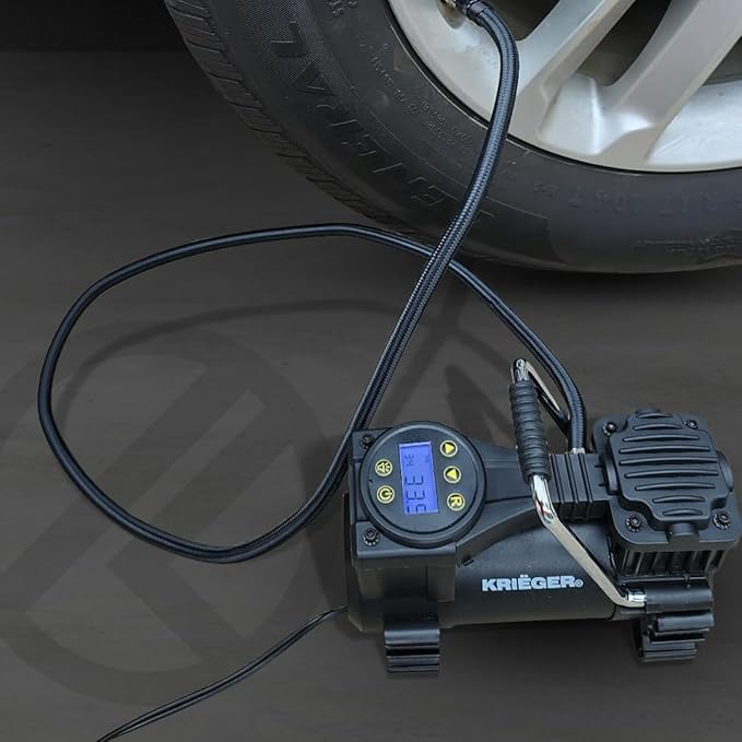 K KRIËGER Air Compressor Portable Tire Inflator 12V DC Air Pump for Car Tires with Digital Tire Pressure Gauge 120 Max PSI Preset Pressure Feature, LED, Digital Display Includes Storage Bag