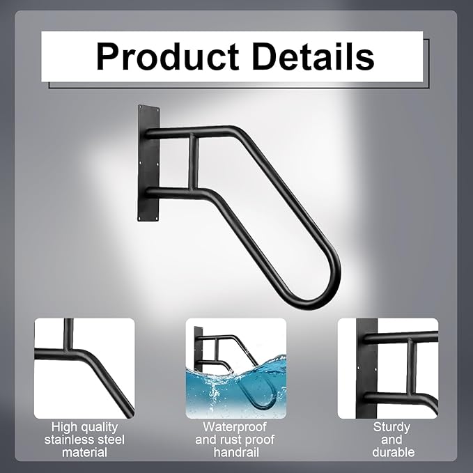 2 Pack Outdoor Handrail for 1-3 Step Stairs, 28.7” Wall Mount Stair Hand Railing Grab Bars Metal Stair Railing Handrails for Outdoor Steps, Garage, Porch, Garden, Indoor (Simple Bent Shape)