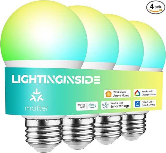 Matter Smart Light Bulbs Compatible with Alexa/Siri/Apple Home/Google Home/SmartThings, WiFi A19 E26 RGBCW Color Changing Light Bulb 800LM 9W 60W Equivalent, 2.4G WiFi, ETL Listed, 4PCS