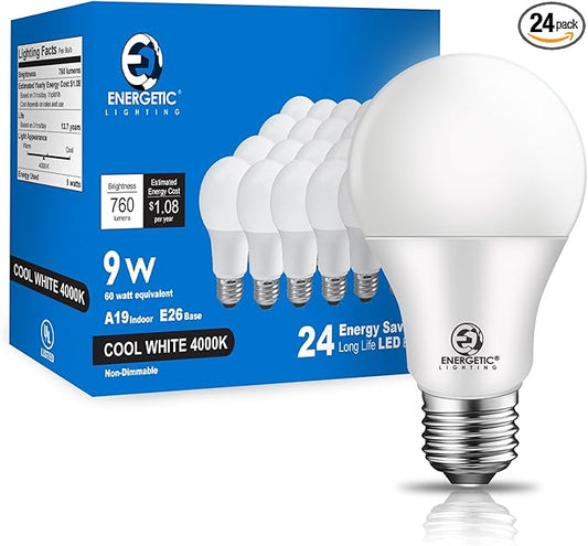 E ENERGETIC LIGHTING Light Bulbs 60 Watt Equivalent, A19 Cool White LED Light Bulbs, 15000 Hrs E26 Base, 9W 760LM 4000K Light Bulb, UL Listed, Non-Dimmable, 24-Pack