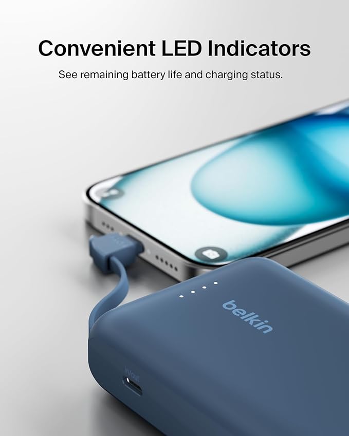 Belkin Portable Charger, Portable Power Bank with Integrated Cable 10000 mAh 20W - Fast Charge USB C Power Delivery, iPhone Charger - iPhone 16 Series, iPad Pro, Galaxy S25, & More - Blue