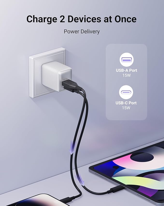 USB C Fast Charging Charger, 30W Dual-Port GaN Nano Charger with Foldable Plug for iPhone 16/15 Series, iPad, Galaxy S24 Ultra and More Series, (White, 2 Pack)