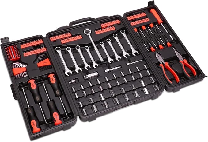 DNA MOTORING 220pcs Mechanic Tool Socket Wrench Set, SAE and Metric Socket Wrench Set, Tool Box Case for Home, Auto and Bike Repair, Orange, TOOLS-00021