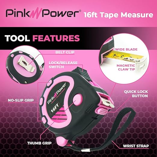Pink Power 16ft Pink Tape Measure - Measuring Tape for Women's Tool Kit with Retractable Blade and Lock Button - Girls Measuring Kit - Lightweight Measurement Tool