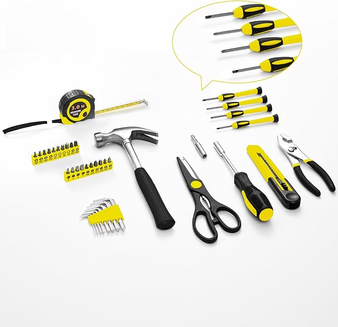 39 Piece Tool Set General Household Tool Kit - Basic Home Tool Set Small Hand Tool Kit with Plastic Toolbox Storage Case for Home Garage Office College Dormitory Use Yellow